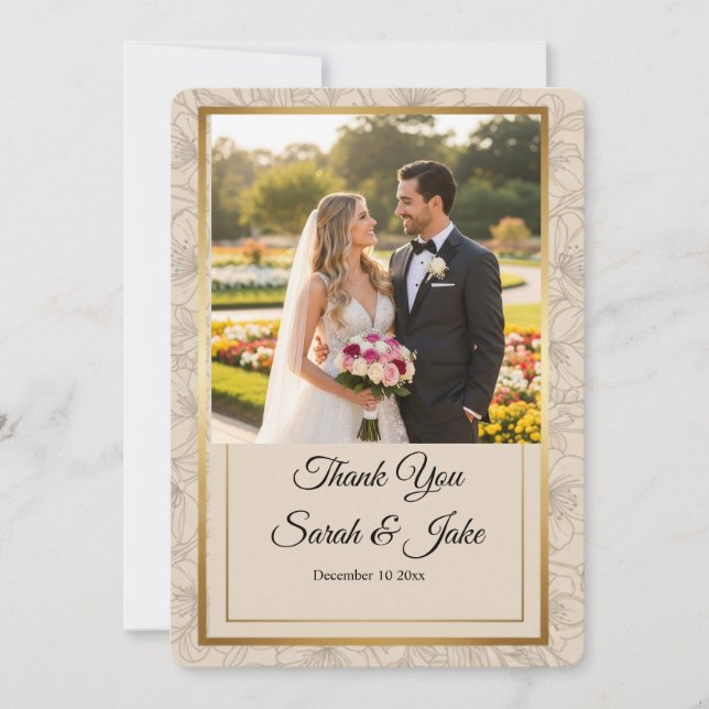 Tarjeta De Agradecimiento Photo Wedding Elegant Gold Frame Minimalist Floral (Anverso)