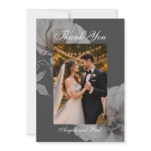 Photo Wedding Flat Thank You Card Dark Grey Roses