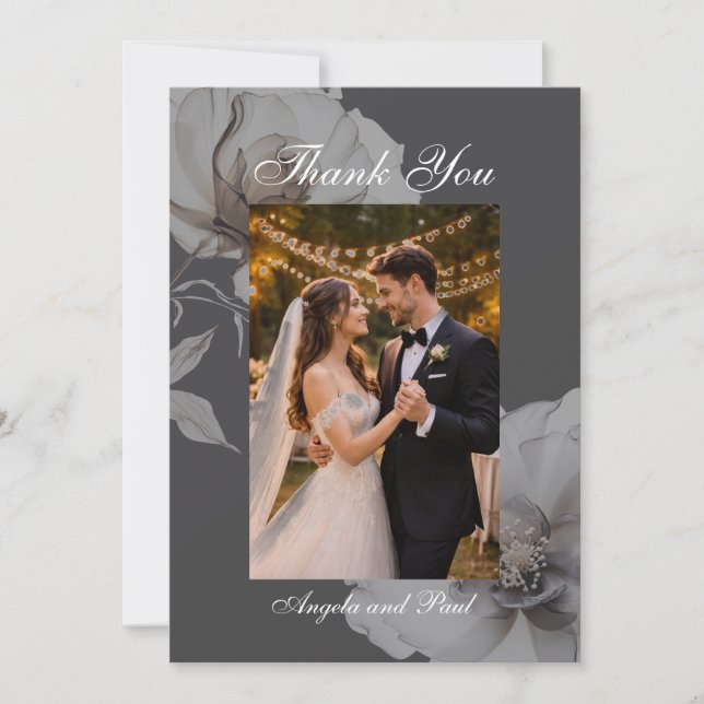 Tarjeta De Agradecimiento Photo Wedding Flat Thank You Card Dark Grey Roses (Anverso)