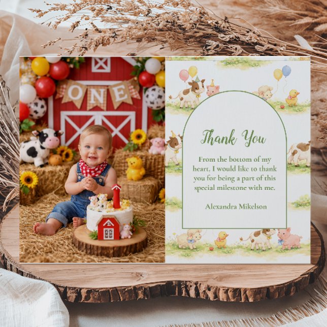 Tarjeta De Agradecimiento Photo Whimsical Farm Animals Pastel 1st Birthday (Subido por el creador)