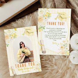 Tarjeta De Agradecimiento Photo Yellow Stripes Lemons and Flowers Graduation
