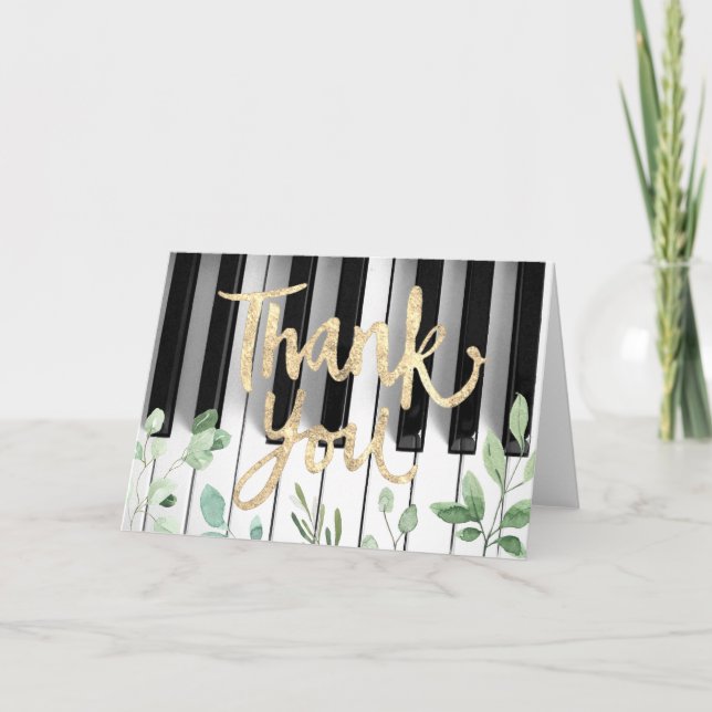 Tarjeta De Agradecimiento piano faux gold Relieve metalizado y follaje graci (Anverso)