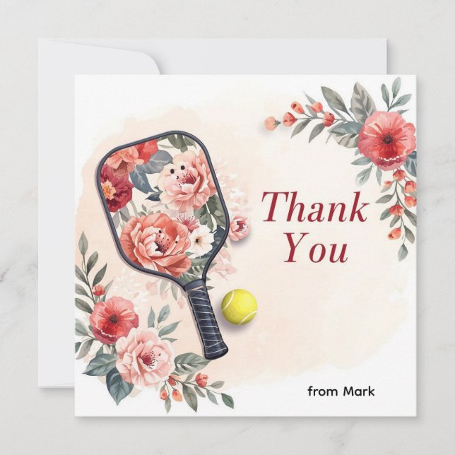 Tarjeta De Agradecimiento Pickleball con hermosas flores (Anverso)