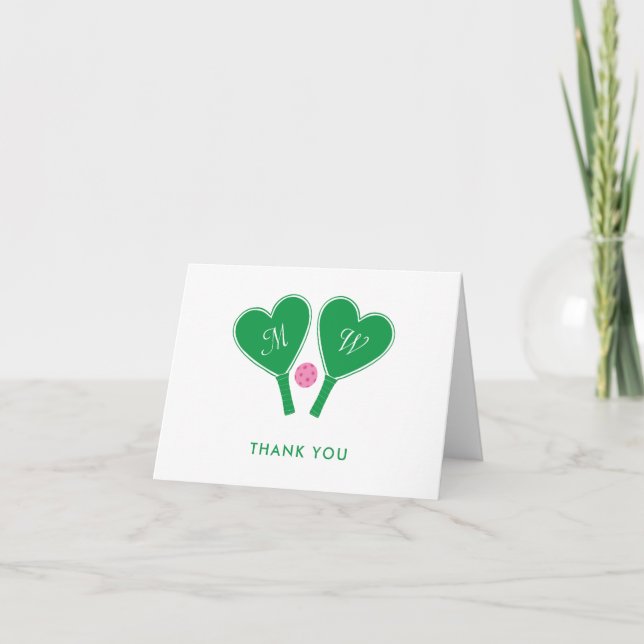 Tarjeta De Agradecimiento Pickleball verde y rosado preppy Boda (Anverso)