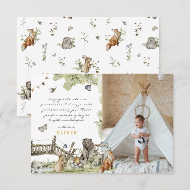 Tarjeta De Agradecimiento Picnic de Woodland | Foto de animales de bosque (Anverso / Reverso)