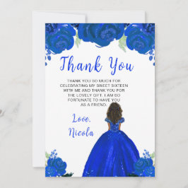 Tarjeta De Agradecimiento Piel Oscura Princesa Azul Floral Dulce Dieciséis