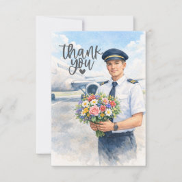 Tarjeta De Agradecimiento Pilot holds flowers on the runway