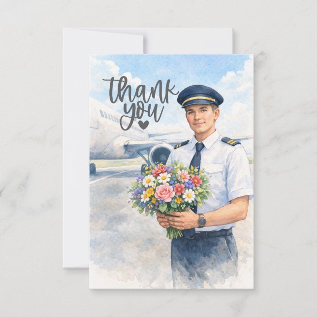 Tarjeta De Agradecimiento Pilot holds flowers on the runway  (Anverso)