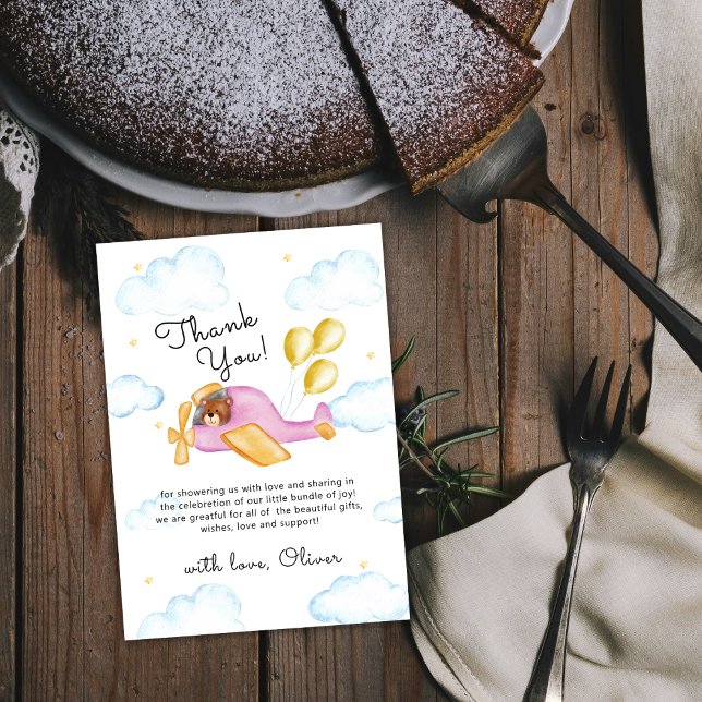 Tarjeta De Agradecimiento Pilot Teddy Bear Balloon Airplane Baby Shower  (Pilot Teddy Bear Balloon Airplane Baby Shower Thank You Card)