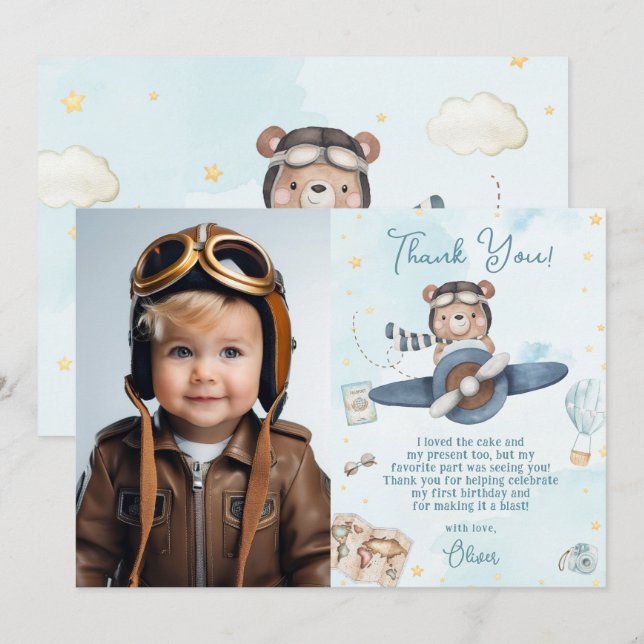 Tarjeta De Agradecimiento Piloto Cute Teddy Bear Blue Plane Fotos de cumplea (Anverso / Reverso)