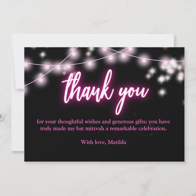 Tarjeta De Agradecimiento Pin caliente de Bat Mitzvah con tema neón (Anverso)