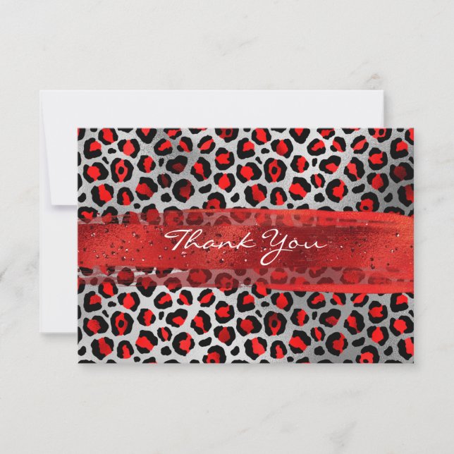 Tarjeta De Agradecimiento Pincelada de leopardo de papel de aluminio rojo y  (Anverso)