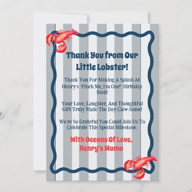 Tarjeta De Agradecimiento Pinch Me, I'm One lobster 1st Birthday  (Anverso)