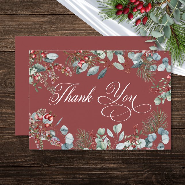 Tarjeta De Agradecimiento Pine de invierno rojo Berries Eucalyptus Boda (Red Winter Pine Berries Eucalyptus Wedding Thank You Card)