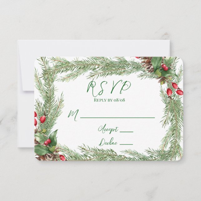 Tarjeta De Agradecimiento Pine Needles Red Berry Navidades RSVP (Anverso)