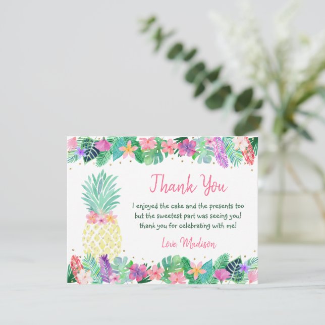 Tarjeta De Agradecimiento Pineapple Floral Pink Gold Birday (Anverso de pie)