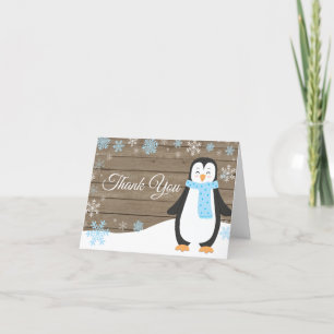 Tarjeta De Agradecimiento Pingüino de copo de nieve azul de invierno rústico