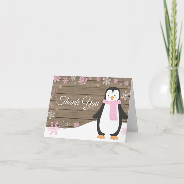 Tarjeta De Agradecimiento Pingüino de copo de nieve rosa de invierno rústico (Anverso)