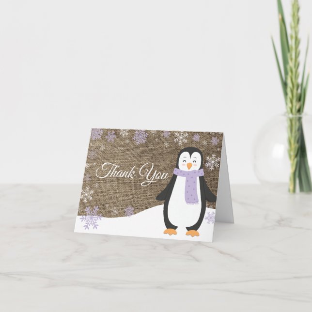Tarjeta De Agradecimiento Pingüino de Invierno Copo de Nieve Arpillera Morad (Anverso)