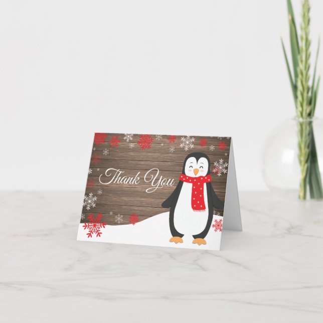 Tarjeta De Agradecimiento Pingüino de invierno rústico copo de nieve rojo (Anverso)