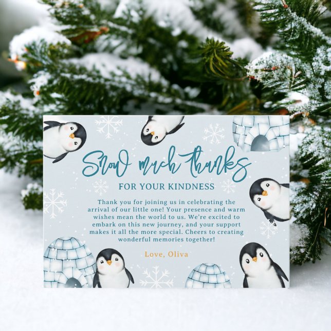 Tarjeta De Agradecimiento Pingüino de invierno suave iglús de nieve ducha be (Cute winter penguin igloos snow baby shower thank you card)