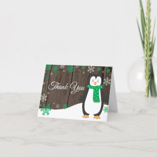 Tarjeta De Agradecimiento Pingüino Verde de Copo de Nieve de Invierno Rústic
