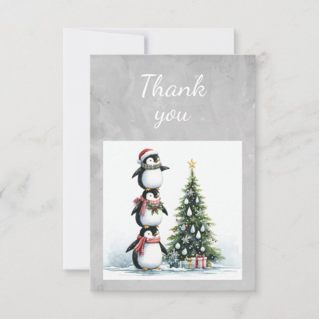 Tarjeta De Agradecimiento Pingüinos acuarelas decoran árbol de Navidad (Anverso)