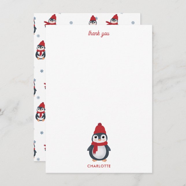 Tarjeta De Agradecimiento Pingüinos Cutos Aves de Invierno Navidades del Árt (Anverso / Reverso)