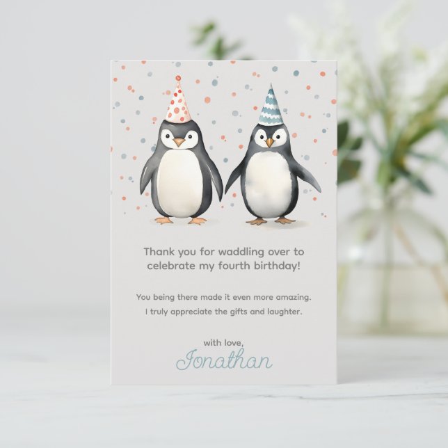 Tarjeta De Agradecimiento Pingüinos de fiesta, venid a los cumpleaños de los (Anverso de pie)
