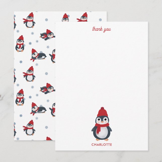 Tarjeta De Agradecimiento Pinguinos Lindos Aves de Invierno Navidad Ártica (Anverso / Reverso)