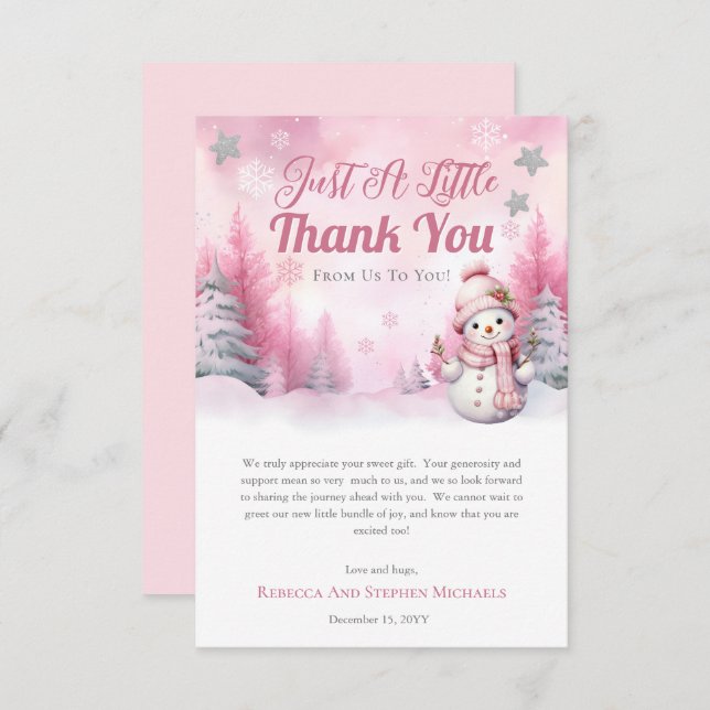 Tarjeta De Agradecimiento Pink A Little Snowflake | Baby Shower Chica de nie (Anverso / Reverso)