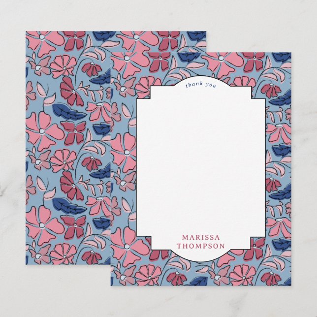 Tarjeta De Agradecimiento Pink and Blue Floral Block Print Boy Cumpleaños (Anverso / Reverso)