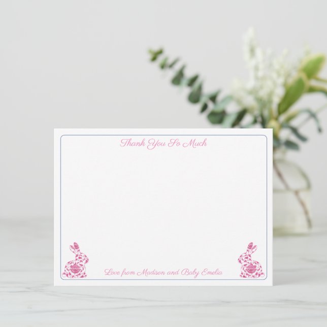 Tarjeta De Agradecimiento Pink And White Chinoiserie Bunny Girl Baby Shower  (Anverso de pie)