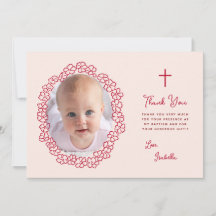 Pink Baptism Girl Photo & Red Floral Wreath Script