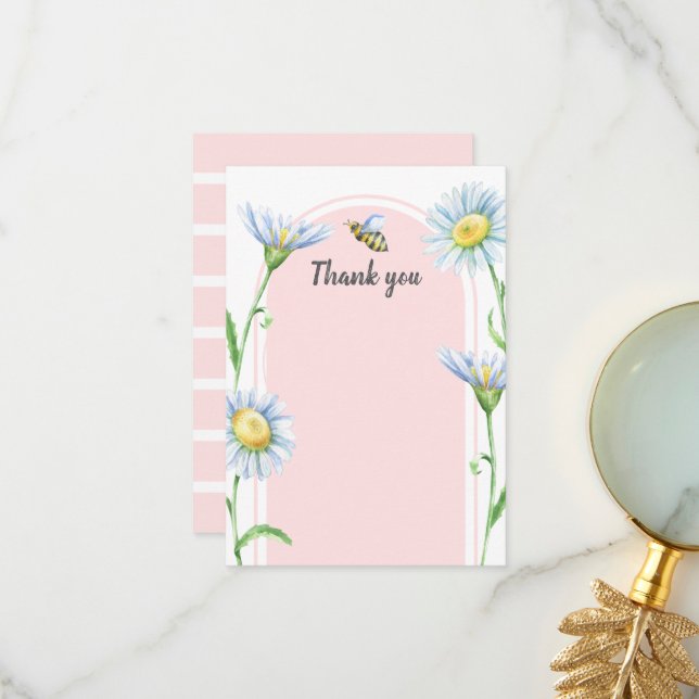 Tarjeta De Agradecimiento Pink Bee with Daisies Thank You Cards (Anverso/Reverso In Situ)