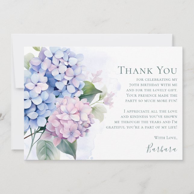 Tarjeta De Agradecimiento Pink Blue Hydrangeas 70th Birthday  (Anverso)