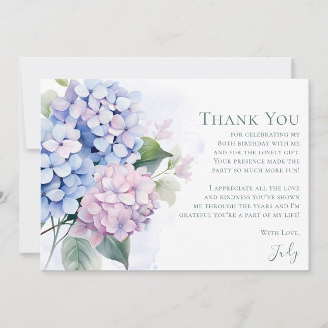 Tarjeta De Agradecimiento Pink Blue Hydrangeas 80th Birthday  (Anverso)