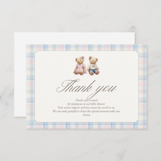 Tarjeta De Agradecimiento Pink Blue Teddy Bear Thank You Gender Reveveal (Anverso / Reverso)