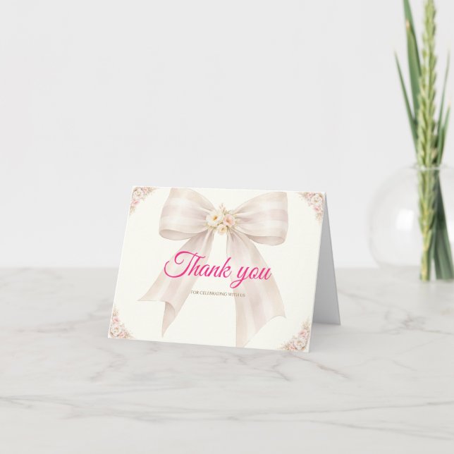 Tarjeta De Agradecimiento Pink Blush Bow Princess Ribbon Birthday Thank You (Anverso)