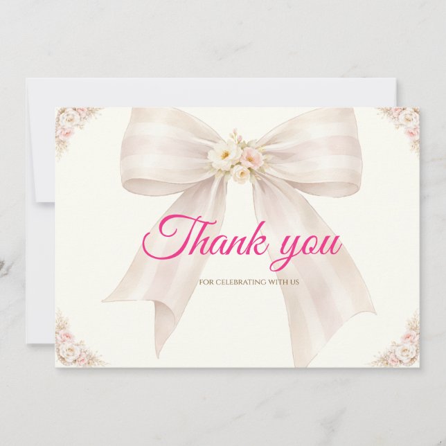 Tarjeta De Agradecimiento Pink Blush Bow Princess Ribbon Thank You Card (Anverso)