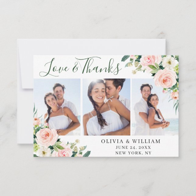 Tarjeta De Agradecimiento Pink Blush Flowers Greenery Floral 3 PHOTO (Anverso)