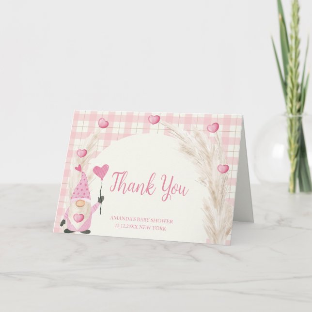 Tarjeta De Agradecimiento Pink Boho Arch Gingham Baby Shower (Anverso)