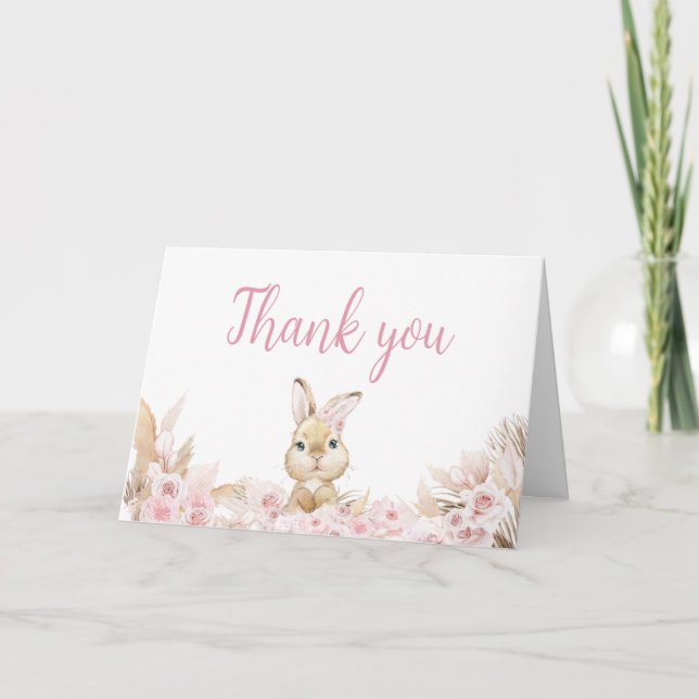 Tarjeta De Agradecimiento Pink Boho Bunny Baby Shower (Anverso)