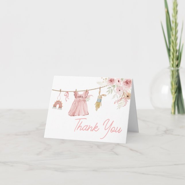 Tarjeta De Agradecimiento Pink Boho Clothesline Baby Shower (Anverso)