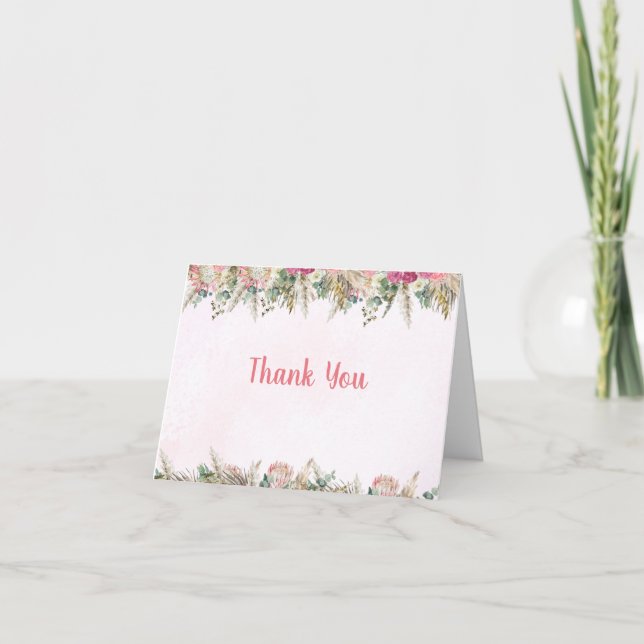 Tarjeta De Agradecimiento Pink Boho Pampas Grass Bridal Shower Thank You (Anverso)