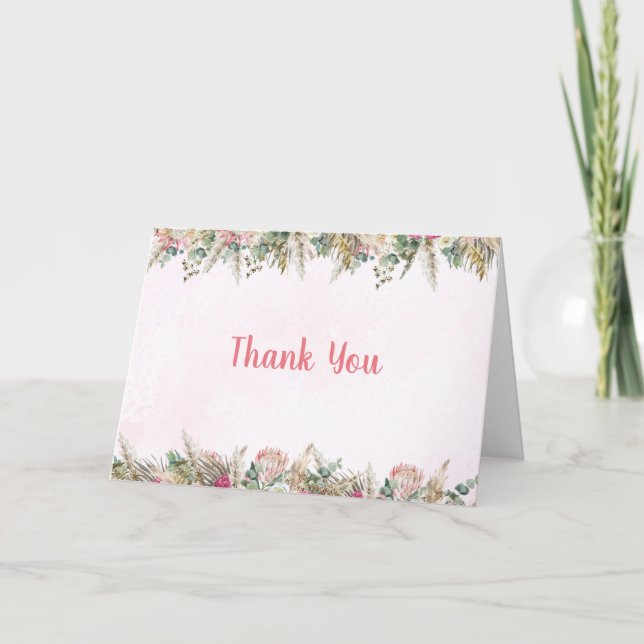 Tarjeta De Agradecimiento Pink Boho Pampas Grass Floral Folded Thank You (Anverso)