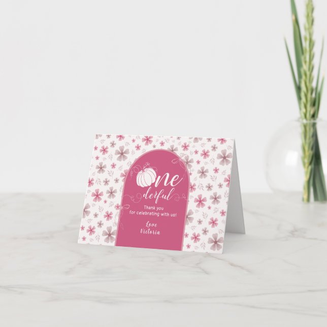 TARJETA DE AGRADECIMIENTO PINK BOW & ARCH FALL PUMPKIN FLOWERS BIRTHDAY (Anverso)