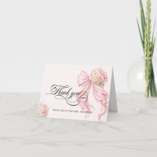 Tarjeta De Agradecimiento Pink Bow Bridal Shower Thank You Card (Anverso)