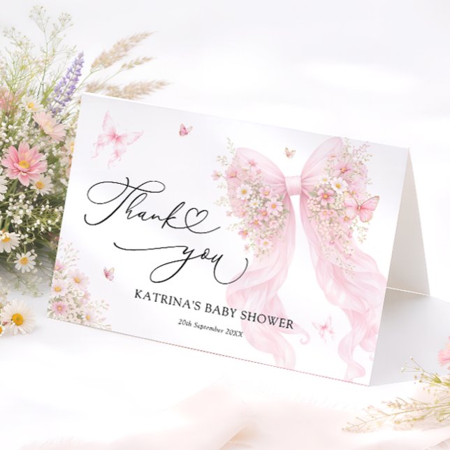 Tarjeta De Agradecimiento Pink Bow Butterfly Baby Shower Thank You Card (Subido por el creador)