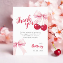 Pink Bow Cherry Baby Shower Thank You Card